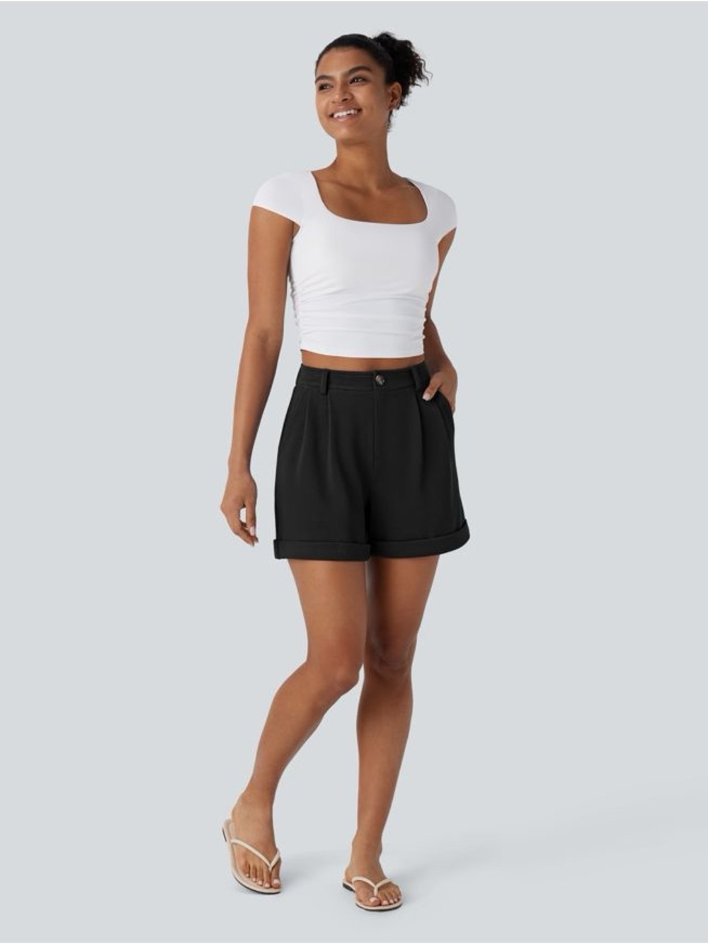 Halara Black Pleated High Waisted Cuffed Shorts Size L NWT